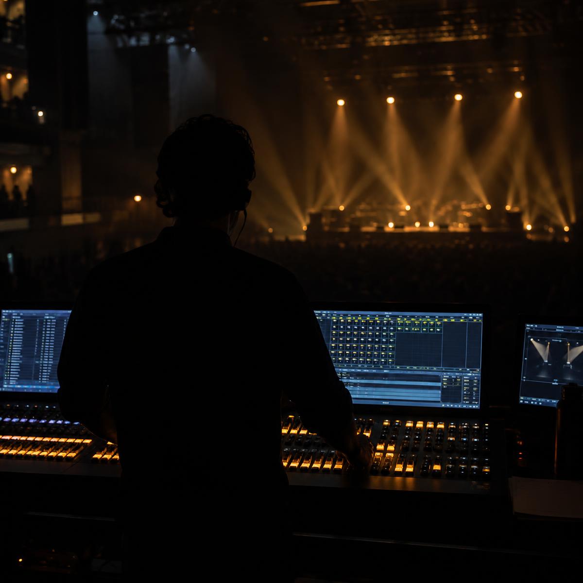 Lighting designer at a control desk during a show